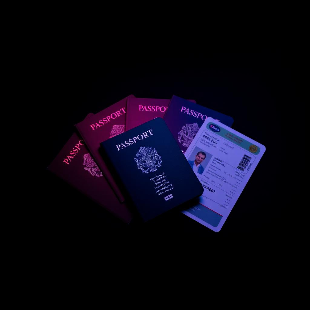 Passports, ID cards and boarding passes arranged on a desk